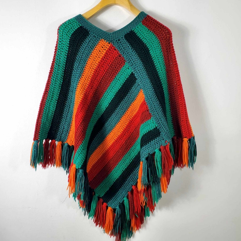 Vintage 70s Wool Poncho Hand Loomed Artisan Green Orange Fringe